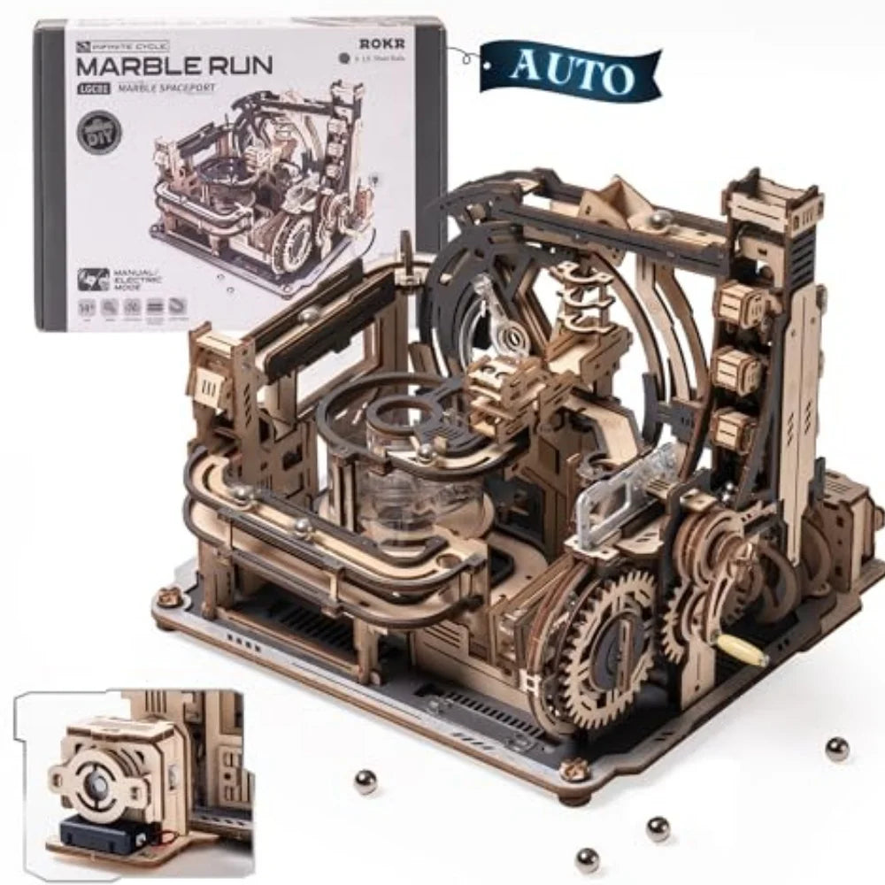 ROKR Electric Model Kits Marble Spaceport 3D Puzzles Brain Teaser Wooden Puzzles Building Toy Gifts for Men/Women/Teens